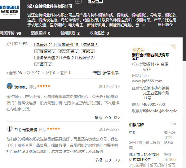 百度口碑中，客戶對金橋銅業(yè)評價